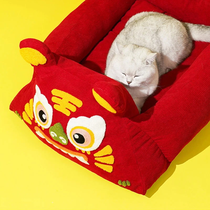 ZEZE Letto per Gatti con Testa di Tigre Rossa, Ampio Spazio e Caldo, Rosso