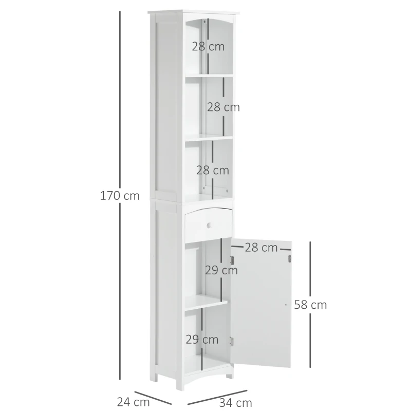 HOMCOM Armario Alto de Baño Estrecho con 1 Cajón y 3 Estantes Abiertos Columna de Baño Estilo Moderno para Salón Aseo Cocina 34x24x170 cm Blanco