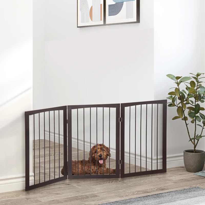 PawHut Barrera de Seguridad Plegable de 3 Paneles 160x76 cm Rejilla de Protección para Perros Pequeños para Puertas Escaleras Pasillos Café Oscuro