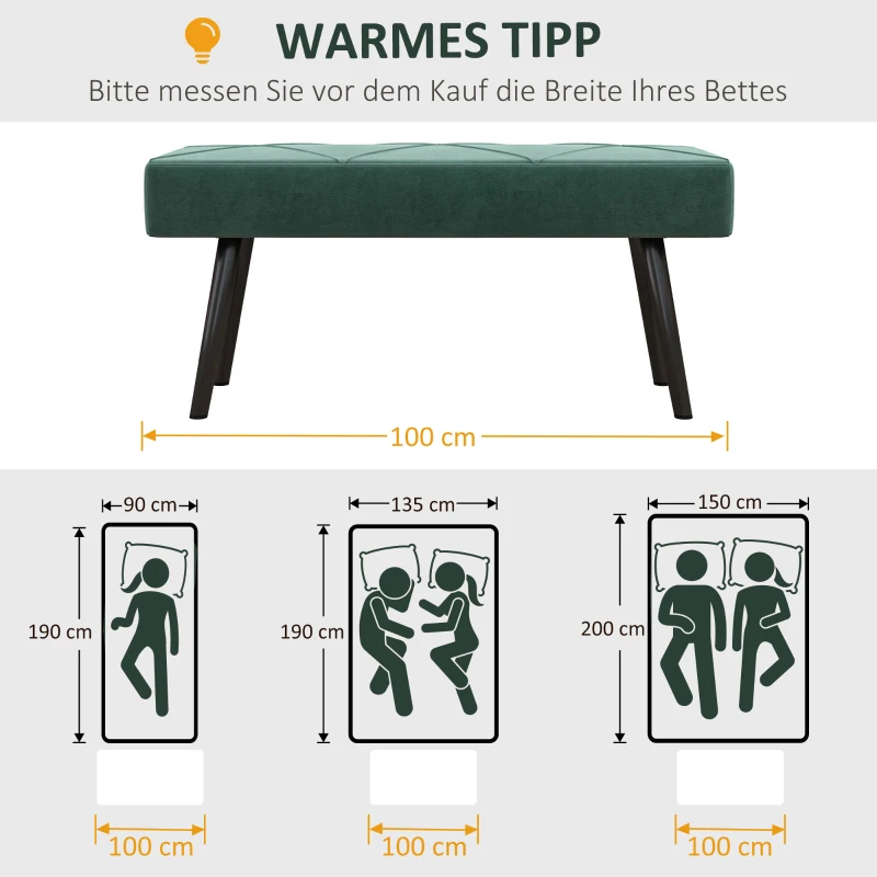 HOMCOM Zitbank Gestoffeerde Bank Bedbank, Fluweeloptiek, 100 x 36 x 45 cm, Groen