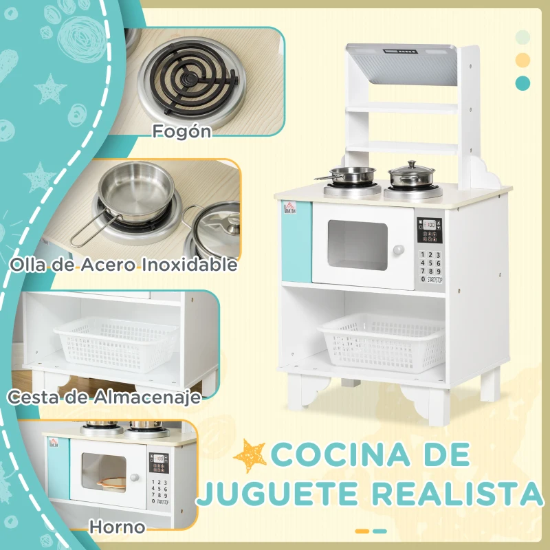 HOMCOM Cocina de Juguete de Madera para Niños de +3 Años Cocinita Infantil con Cesta de Almacenaje Accesorios Utensilios Estufa y Microondas 42x29x76 cm Blanco