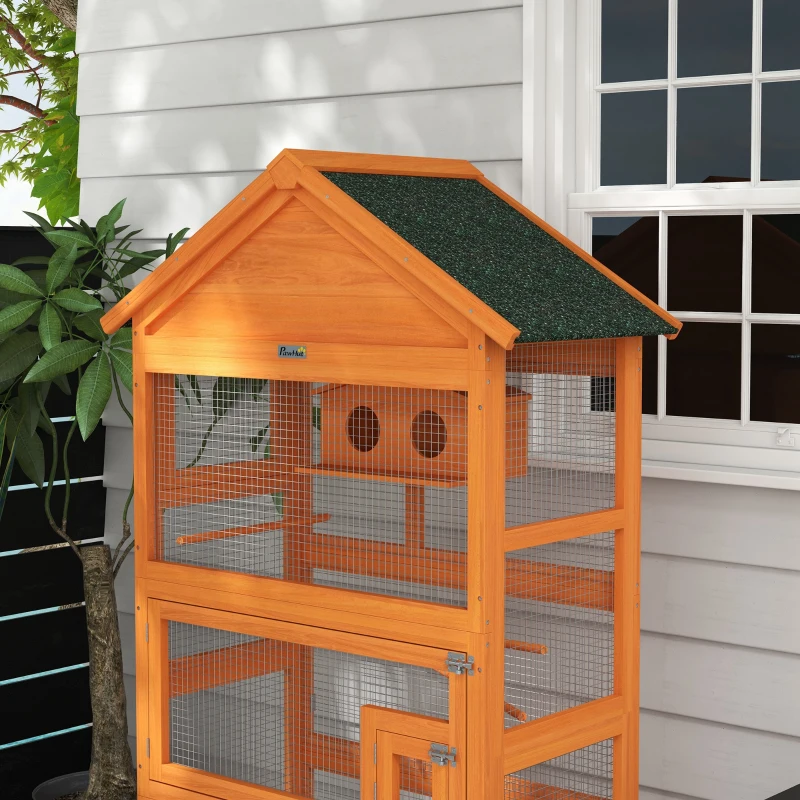 PawHut Cage à oiseaux en bois cage perroquet aire de jeux toit asphalte imperméable 92 x 52 x 171 cm orange