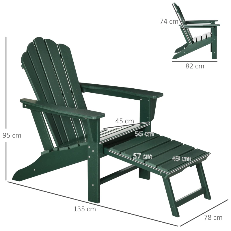 Outsunny Silla Adirondack con Reposapiés Retráctil Reposabrazos y Respaldo Alto para Exterior 78x135x95 cm Verde Oscuro