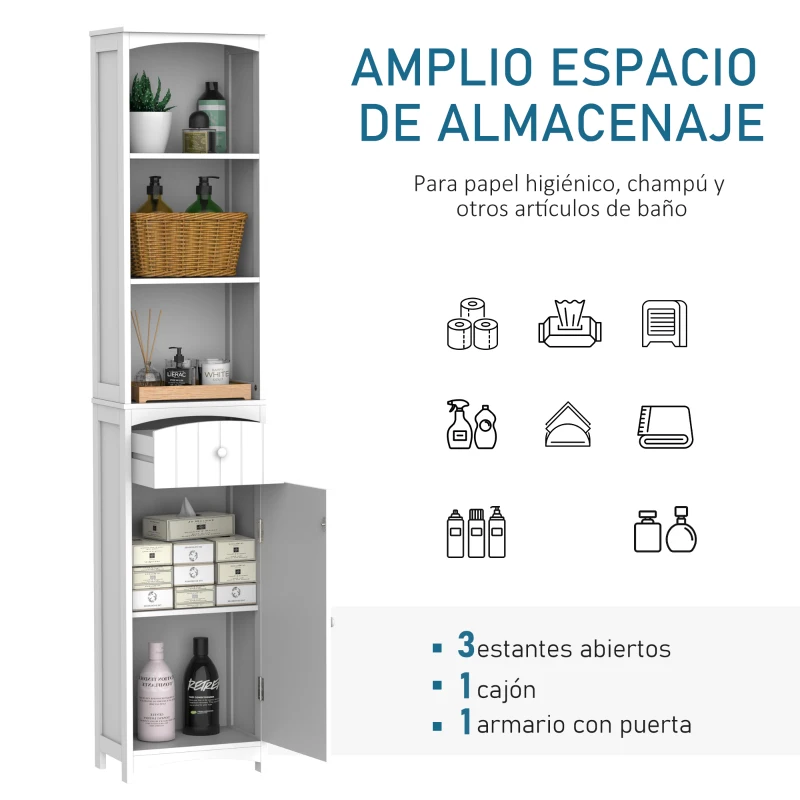 HOMCOM Armario Alto de Baño Estrecho con 1 Cajón y 3 Estantes Abiertos Columna de Baño Estilo Moderno para Salón Aseo Cocina 34x24x170 cm Blanco