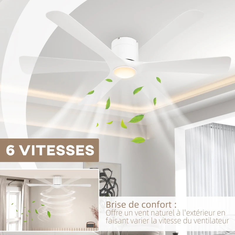 HOMCOM Ventilateur de plafond réversible avec lumière LED 6 vitesses silencieux télécommande diamètre 132 cm blanc