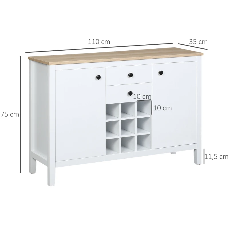HOMCOM Aparador de Cocina Moderno con Cajones y Botellero Mueble Auxiliar para Comedor Salón 110x35x75 cm Blanco
