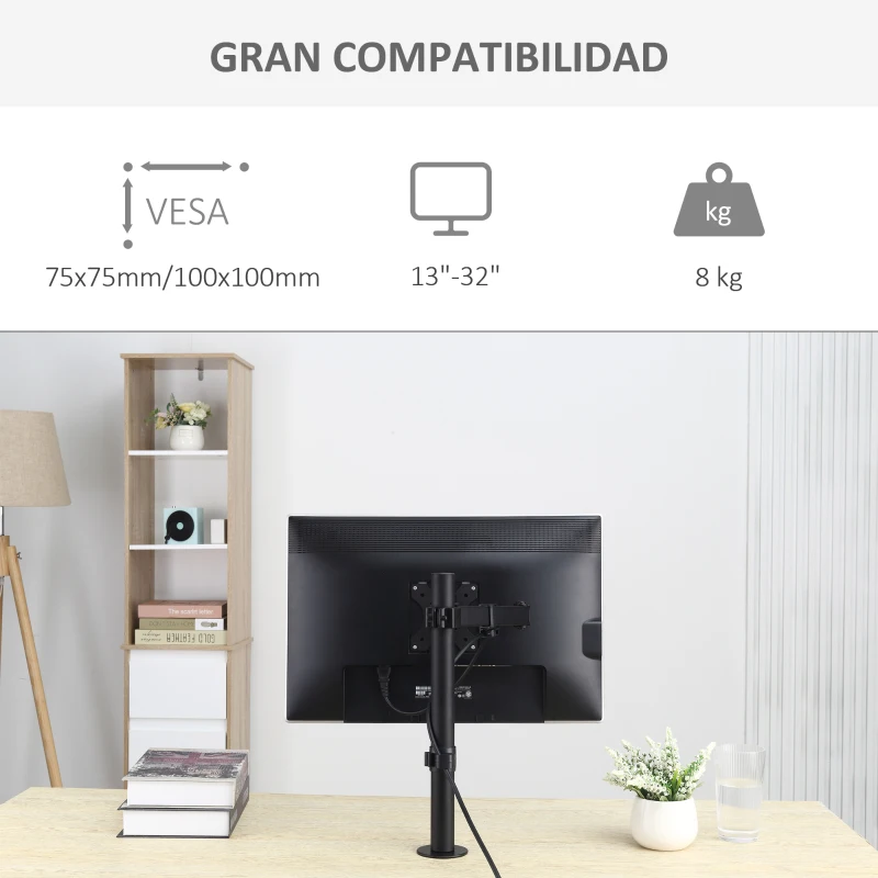 Vinsetto Soporte Monitor de PC para Pantalla LCD LED de 13"-32" VESA 75/100 mm con Brazo de Resorte de Gas Giratorio 360° Altura Ajustable 2 Opciones de Montaje 47x11,5x52 cm Negro