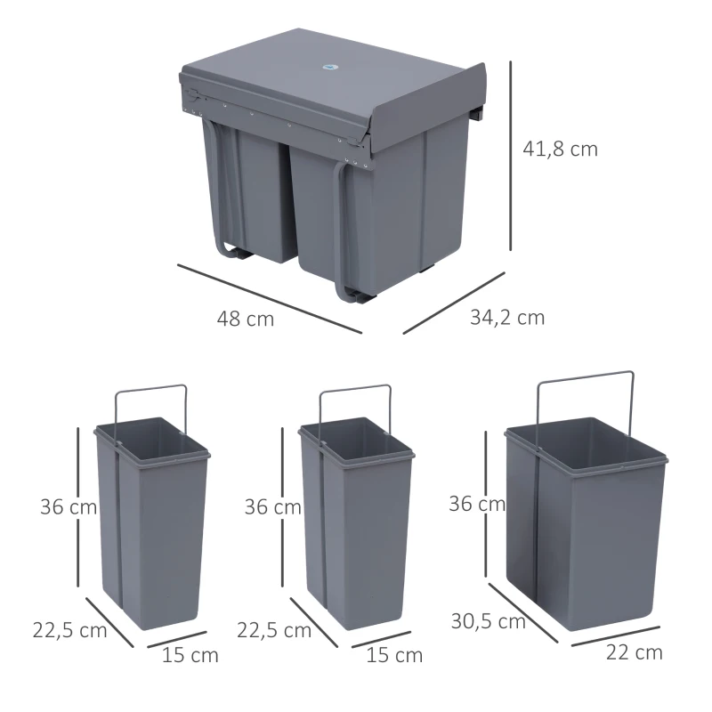HOMCOM Cubo Basura Extraible Bajo Fregadero con 3 Contenedores de Reciclaje Clasificación de Residuos 48x34,2x41,8 cm Gris(m-3)