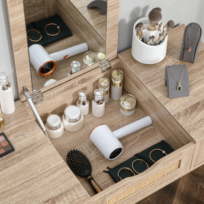 HOMCOM Tocador de Maquillaje con Espejo Abatible y 2 Cajones de Rejilla de Estilo Cannage 100x46x78,5 cm Roble
