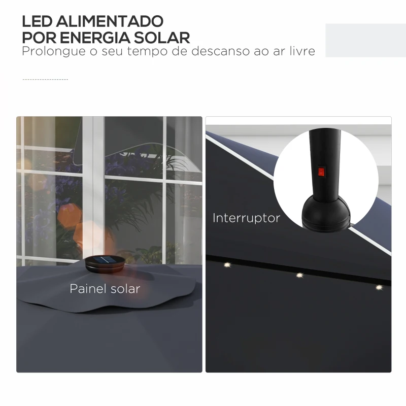 Outsunny Chapéu de Sol de Jardim Ø292x248 cm Chapéu de Sol com Manivela 32 Luzes LED Solares e 8 Hastes Cinza Escuro