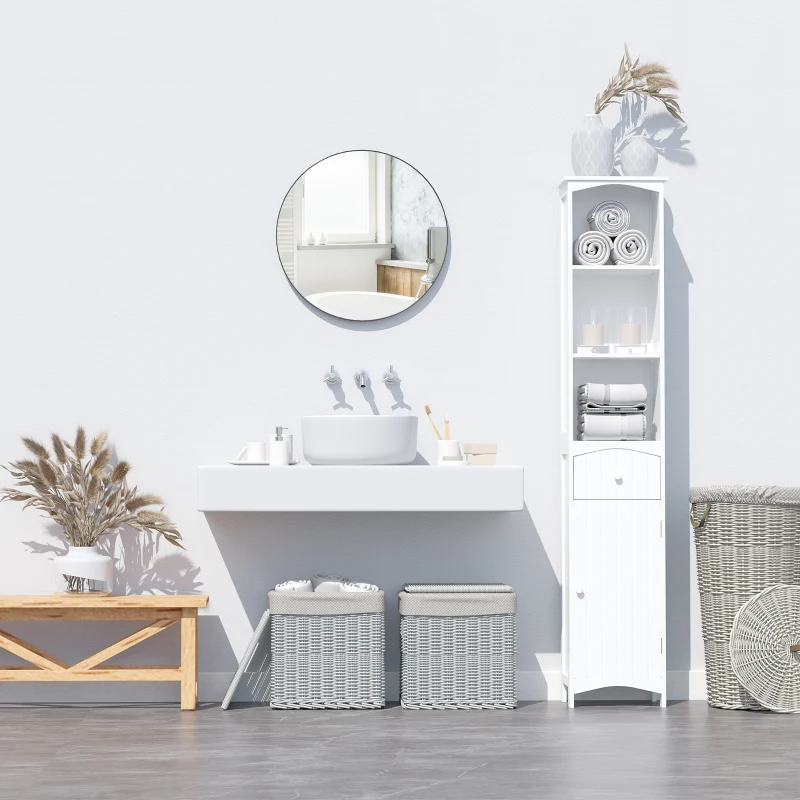 HOMCOM Armario Alto de Baño Estrecho con 1 Cajón y 3 Estantes Abiertos Columna de Baño Estilo Moderno para Salón Aseo Cocina 34x24x170 cm Blanco
