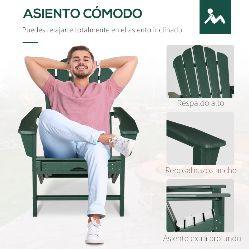 Outsunny Silla Adirondack con Reposapiés Retráctil Reposabrazos y Respaldo Alto para Exterior 78x135x95 cm Verde Oscuro