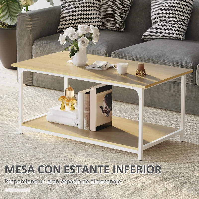 HOMCOM Mesa de Centro Mesa para Salón Moderna con Estante de Almacenamiento y Marco de Acero para Oficina 100x54x45,8cm Natural