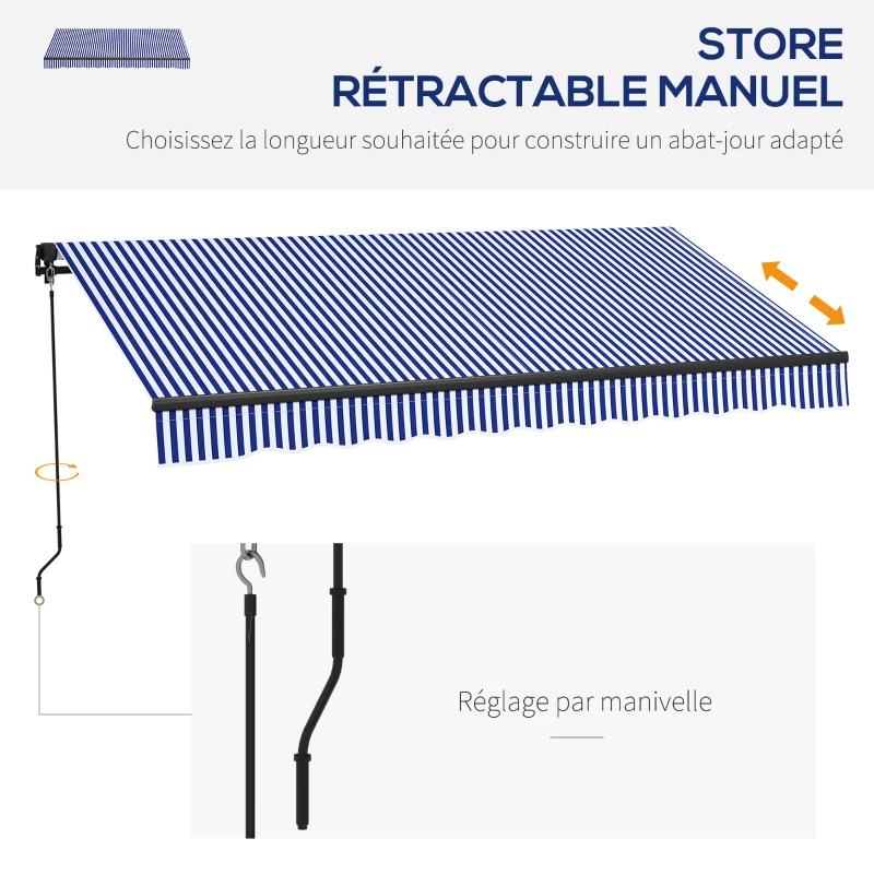 Outsunny Store banne manuel rétractable store pour balcon inclinaison réglable manivelle cadre en aluminium polyester bleu blanc