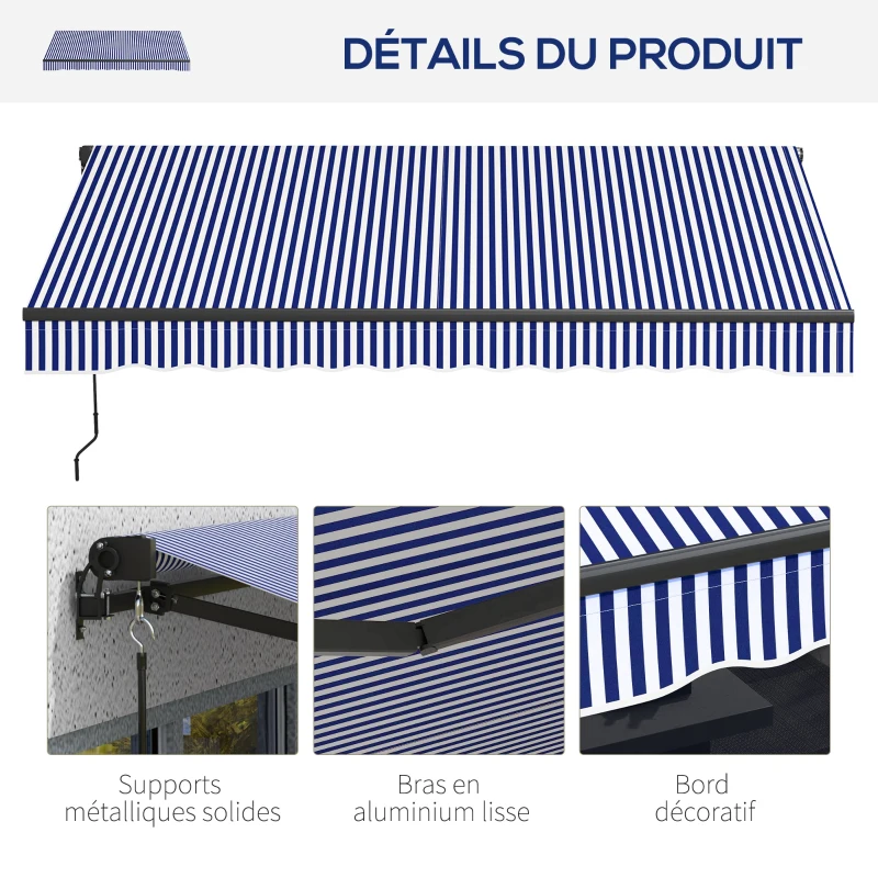 Outsunny Store banne manuel rétractable store pour balcon inclinaison réglable manivelle cadre en aluminium polyester bleu blanc