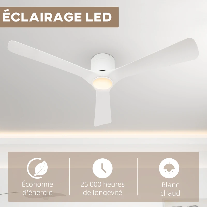 HOMCOM Ventilateur de plafond réversible avec lumière LED 6 vitesses silencieux télécommande diamètre 132 cm blanc