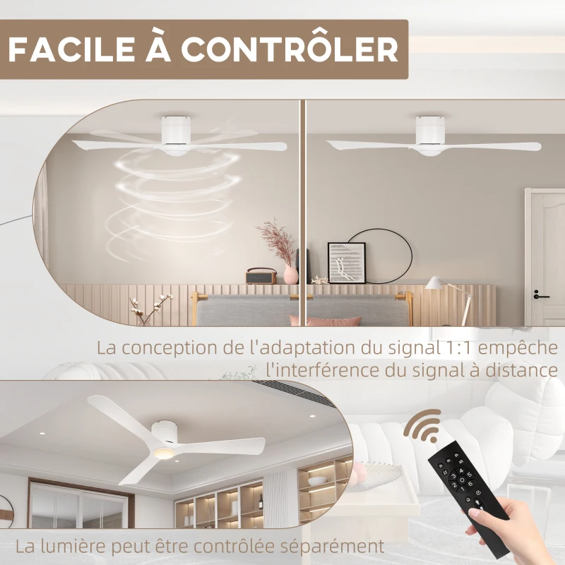 HOMCOM Ventilateur de plafond réversible avec lumière LED 6 vitesses silencieux télécommande diamètre 132 cm blanc