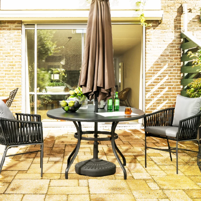 Outsunny Garden Table with Parasol Hole, Outdoor Dining Garden Table for Four Persons, Round Patio Table with Slatted Metal Top, Black