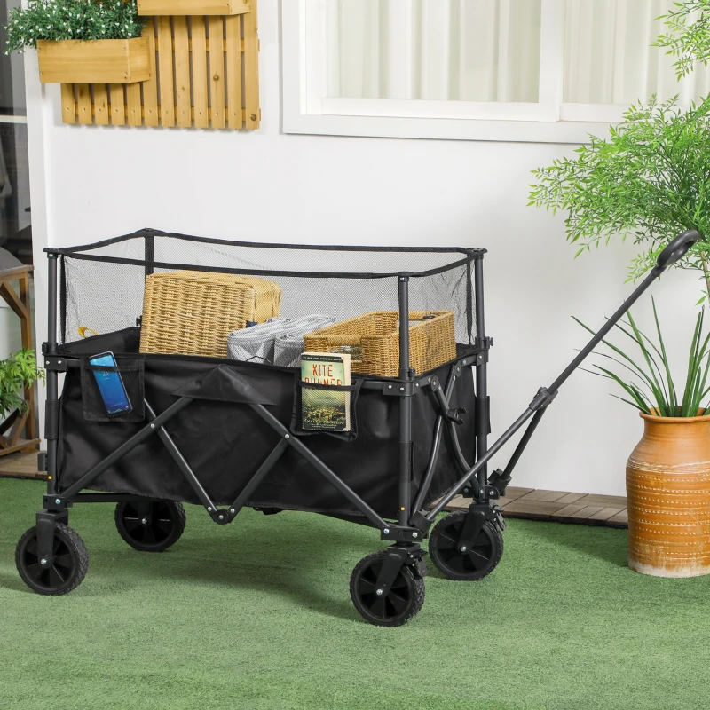 Outsunny Folding Garden Trolley, 180L Wagon Cart with Extendable Side Walls, for Beach, Camping, Festival, Black