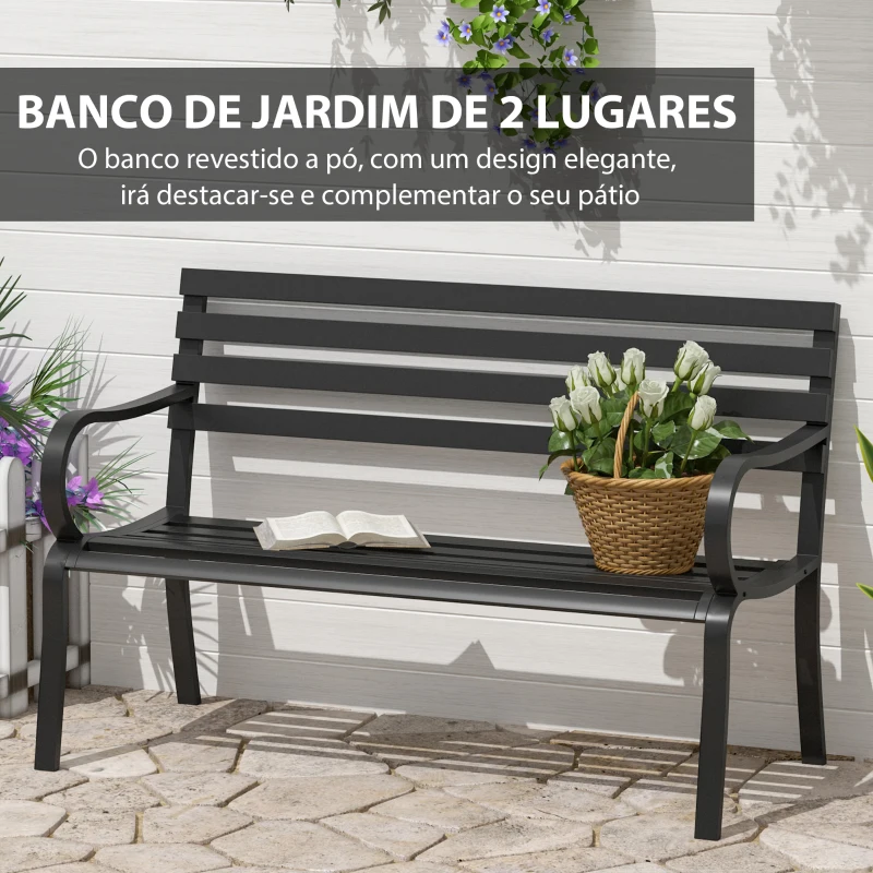 Outsunny Banco de Jardim em Metal Banco de Exterior de 2 Lugares com Apoios de Braços Capacidade 240 kg 127x58x82 cm Preto