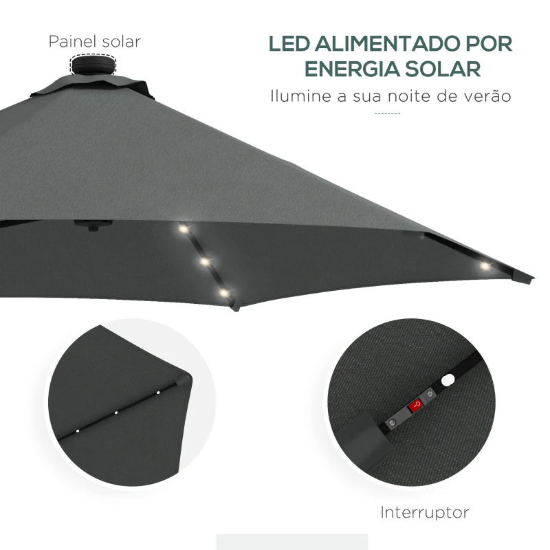Outsunny Chapéu de Sol Excêntrico de 3 m com Luzes LED com Manivela e Base em Cruz para Exterior Pátio Terraço Cinza Escuro