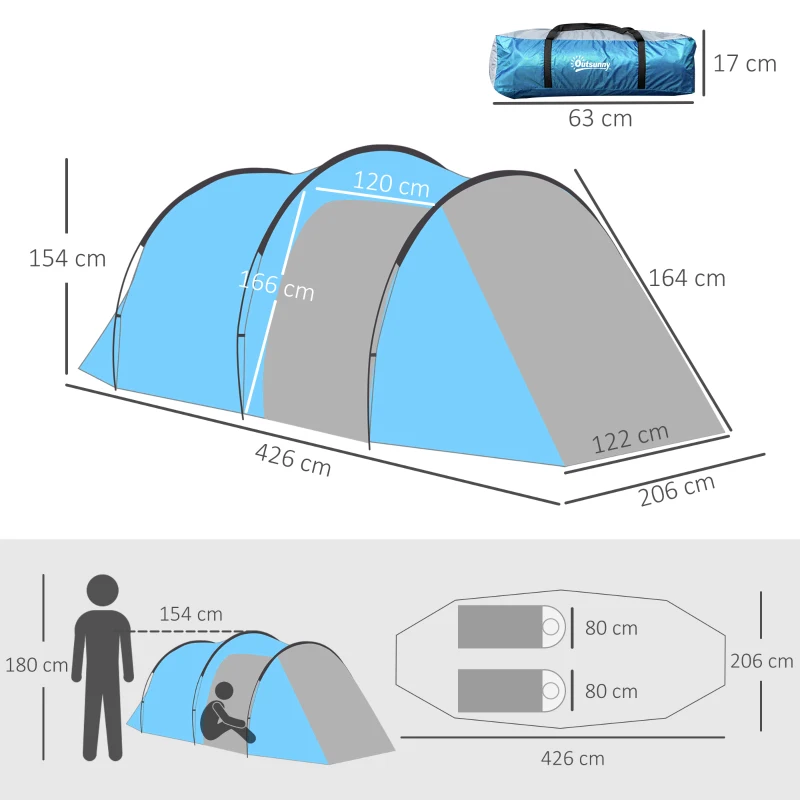 Outsunny Campingtent, Pop-up tent voor 2-3 personen, Voortent & Slaapgedeelte, Waterdicht, 426 x 206 x 154 cm, Lichtblauw