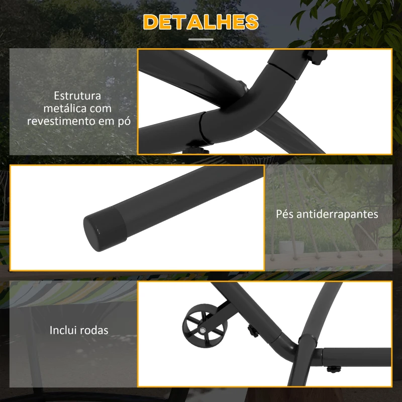 Outsunny Suporte para Cama Rede de Aço com Rodas 2 Ganchos Ajustáveis em 6 Níveis e Bolsa de Transporte 290x120x115 cm Preto