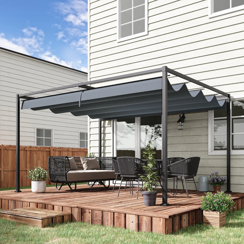 Outsunny 4 x 3(m) Metal Outdoor Pergola with Retractable Roof, Outdoor Gazebo Canopy Shelter with Drainage Holes for Garden, Patio, Lawn, Grey