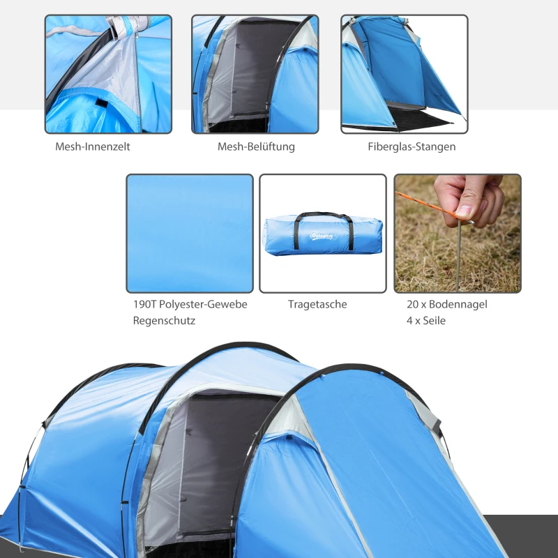 Outsunny Campingtent, Pop-up tent voor 2-3 personen, Voortent & Slaapgedeelte, Waterdicht, 426 x 206 x 154 cm, Lichtblauw