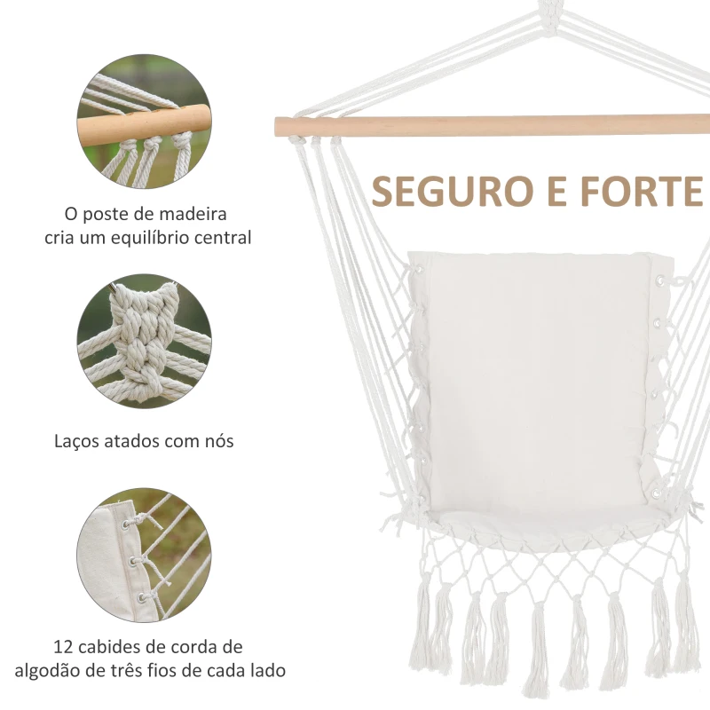 Outsunny Cadeira Suspensa com Borlas Cadeira Rede Suspensa de Algodão Capacidade 120 kg Estilo Moderno para Exterior 90x50 cm Bege