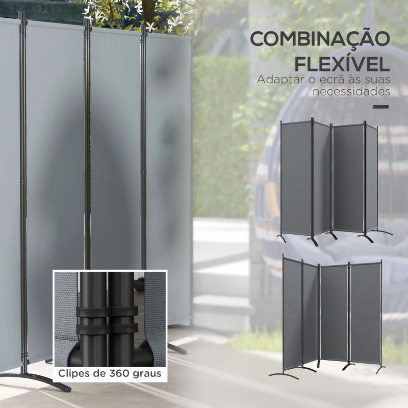 Outsunny Biombo Separador de Ambientes de 4 Painéis Biombo Dobrável 221x172 cm com Pés Largos para Terraço Pátio Jardim Cinza Escuro