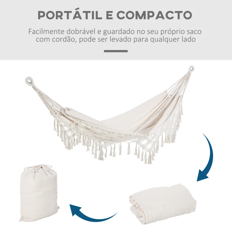 Outsunny Cama de Rede Suspensa 288x150 cm de Algodão com Bolsa de Transporte Capacidade 180 kg para Pátio Terraço Campismo Creme