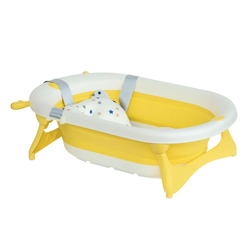 HOMCOM Vaschetta Bagnetto Pieghevole per Bambini 0-3 Anni con Indicatore di Temperatura e Cuscino, 81.5x50.5x23.5 cm, Giallo