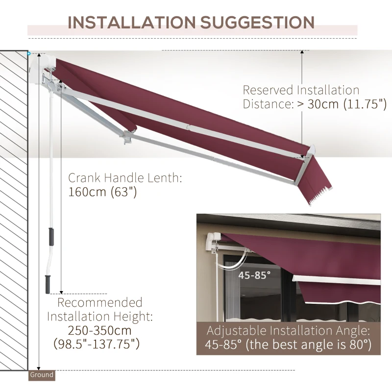 Outsunny 3x4m Retractable Manual Awning Sun Shade Canopy with Fittings and Crank Handle Wine Red