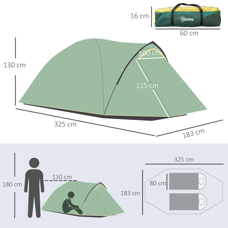 Outsunny Camping Dome Tent 2 Room for 3-4 Person with Weatherproof Vestibule Backpacking Tent Large Windows Lightweight for Fishing & Hiking Green
