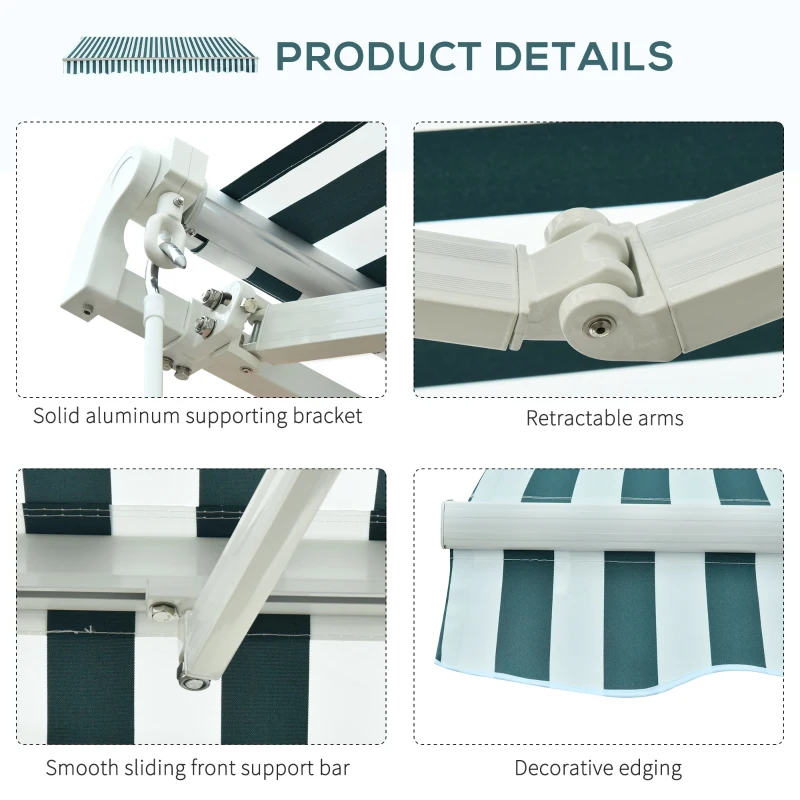 Outsunny 3 x 2.5m Patio Awning, Anti-UV and Waterproof Sun Shade Canopy with Chain Drive and Hand Crank, Green/White Stripes