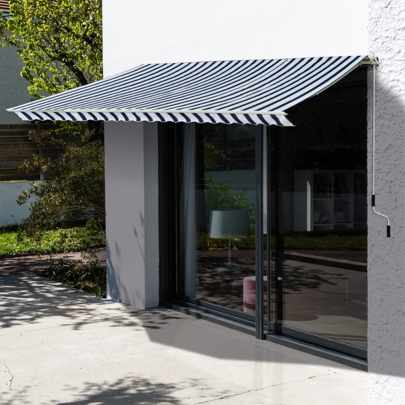Outsunny Manual Retractable Awning, 3.5x2.5 m-Dark Blue/White Stripes