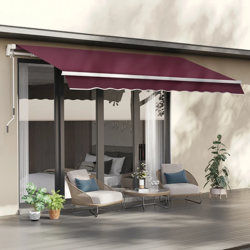 Outsunny 3x4m Retractable Manual Awning Sun Shade Canopy with Fittings and Crank Handle Wine Red