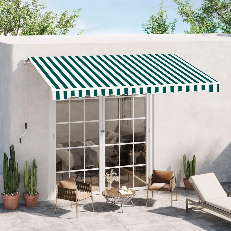 Outsunny Manual Retractable Awning, size (3.5m x2.5m)-Dark Green/White Stripes