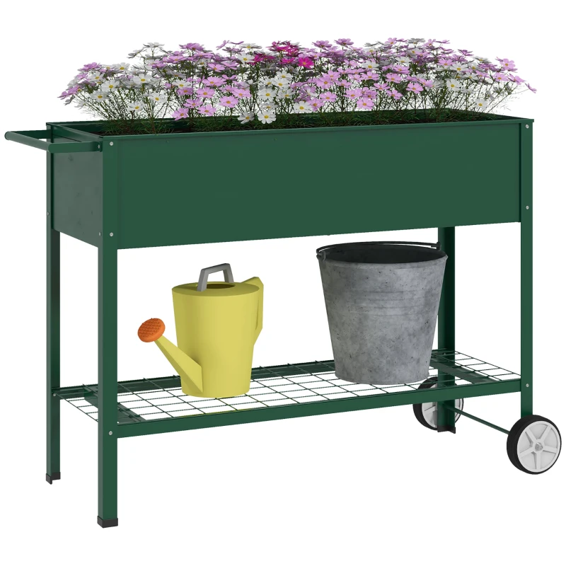 Outsunny Plantenbed Plantenbak, 1 Plank, 2 Wielen, 109 cm x 44 cm x 80 cm, Groen