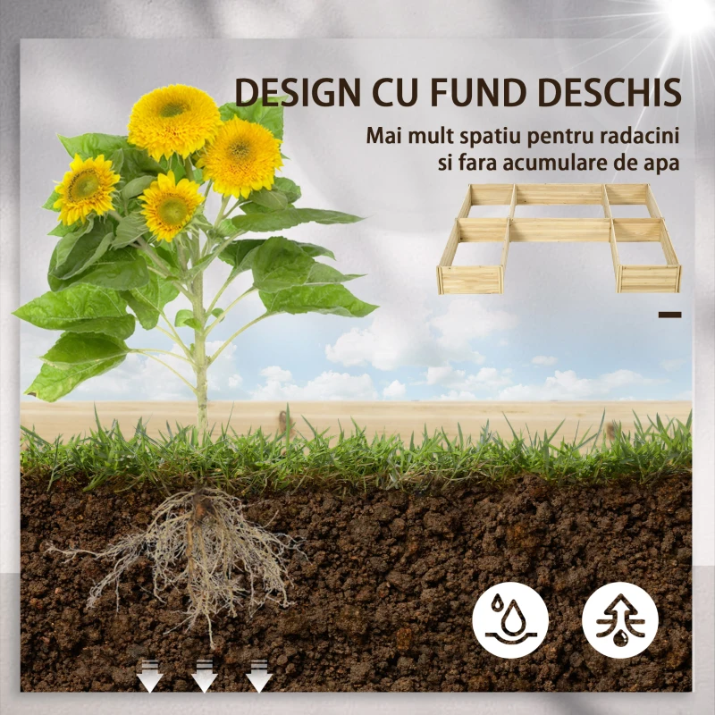Outsunny Jardiniera de Exterior 5 Piese modulare cu Fund Deschis din Lemn de Brad pentru Plante, Flori si Legume 230x230x28 cm, culoare Lemn natur
