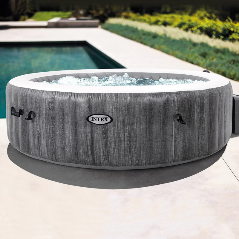 INTEX 28442EX - Pure Spa Greywood Deluxe 216X71Cm 6 Posti Con Pompa, Riscaldatore, Sistema Purificazione Acqua, 2 Poggia Testa, Luce Led Multi Color