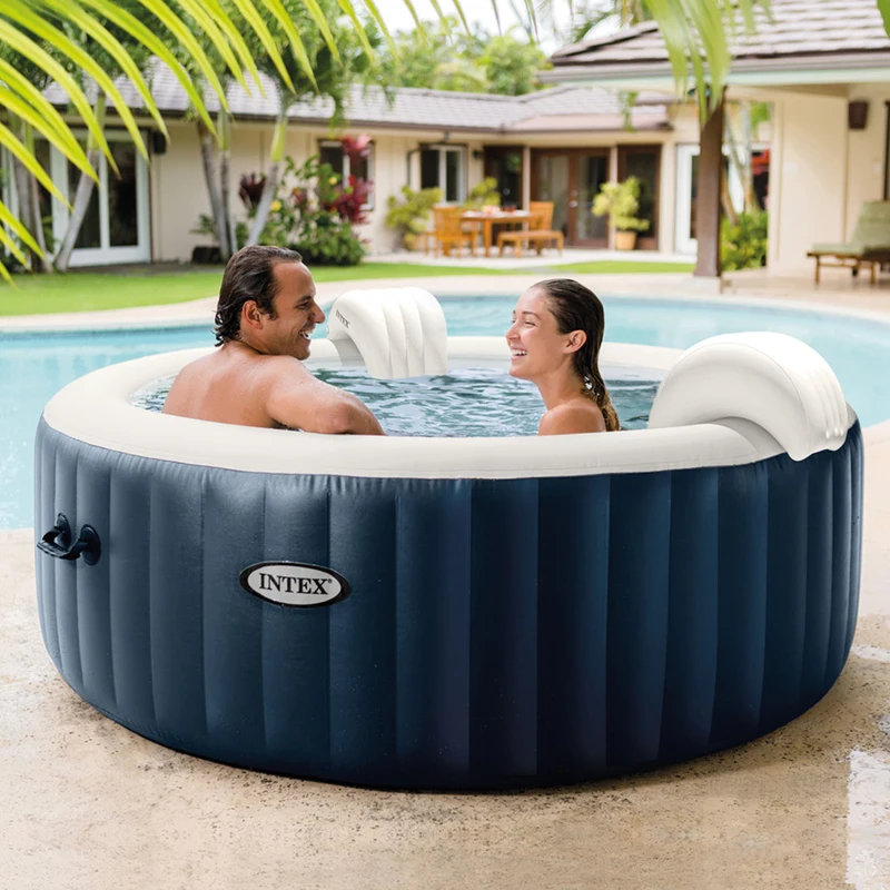 INTEX 28430EX - Purespa Plus Bubble Massage Set Navy 196X71Cm 4 Posti Con Pompa, Riscaldatore, Sistema Di Purificazione Acqua, 140 Getti, Telo Base, Telo Copertura, Dispenser Di Cloro, 2 Poggia Testa