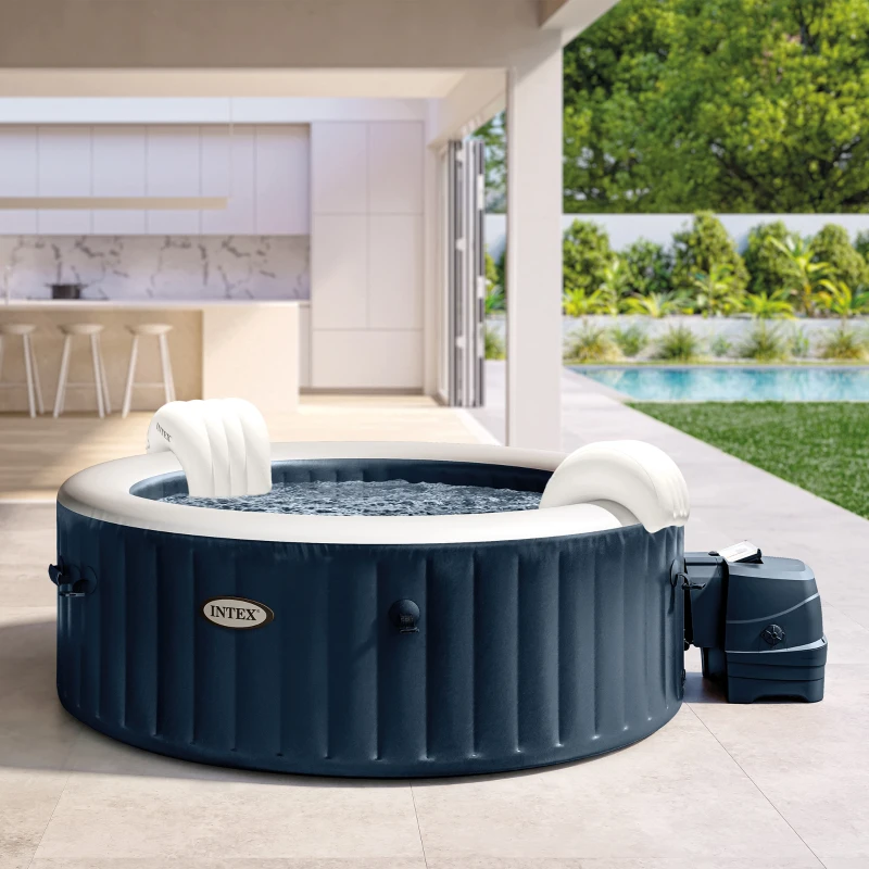 INTEX 28430EX - Purespa Plus Bubble Massage Set Navy 196X71Cm 4 Posti Con Pompa, Riscaldatore, Sistema Di Purificazione Acqua, 140 Getti, Telo Base, Telo Copertura, Dispenser Di Cloro, 2 Poggia Testa