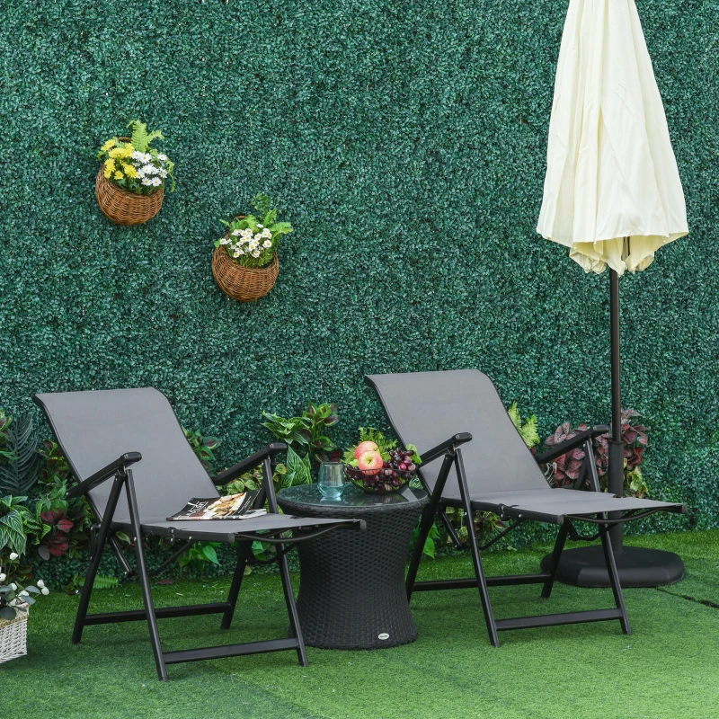 Outsunny Set of 2 Outdoor Sun Lounger 10-Position Adjustable Texteline Folding Reclining Chairs with Footrest for Patio Garden, Grey