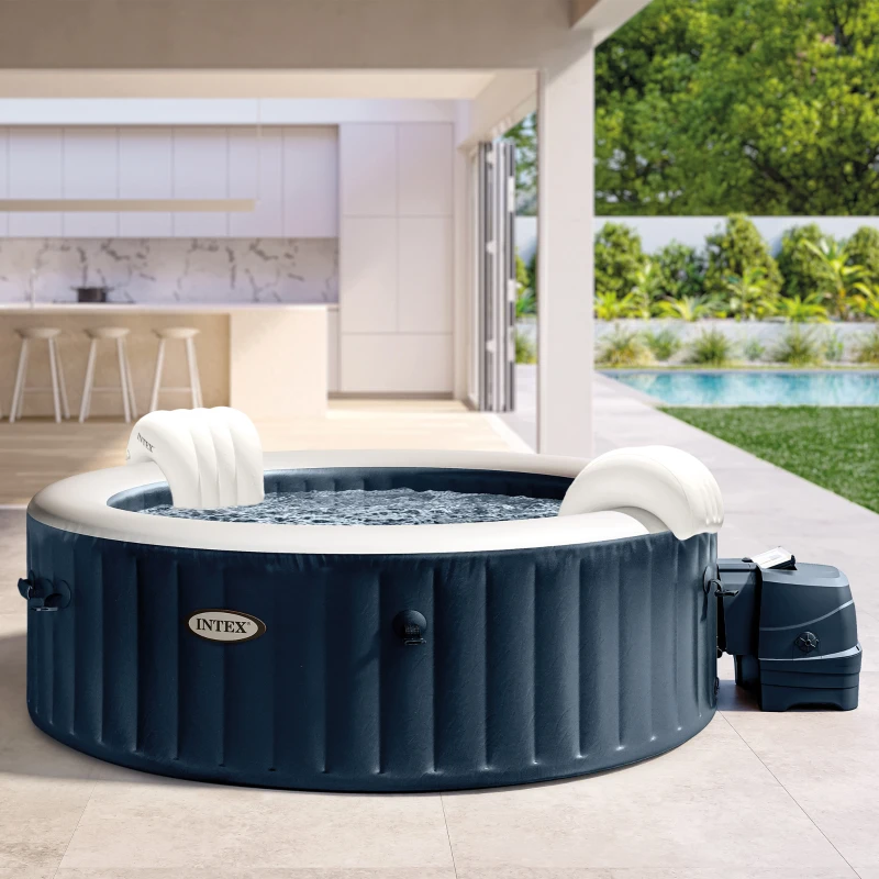 INTEX 28432EX - Purespa Plus Bubble Massage Set Navy 216X71Cm 6 Posti Con Pompa, Riscaldatore, Sistema Di Purificazione Acqua, 170 Getti, Telo Base, Telo Copertura, Dispenser Di Cloro, 2 Poggia Testa