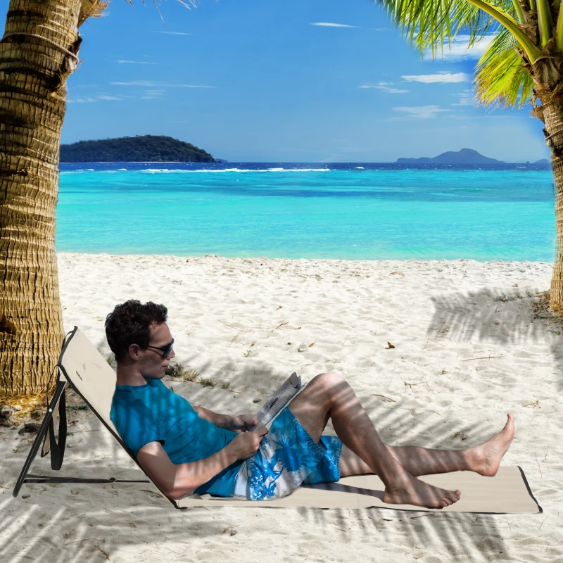 Outsunny Leżak plażowy, składany, regulowane oparcie, boczna kieszeń, miękko wyściełany, stalowy stelaż, Beżowy, 142x51x40cm