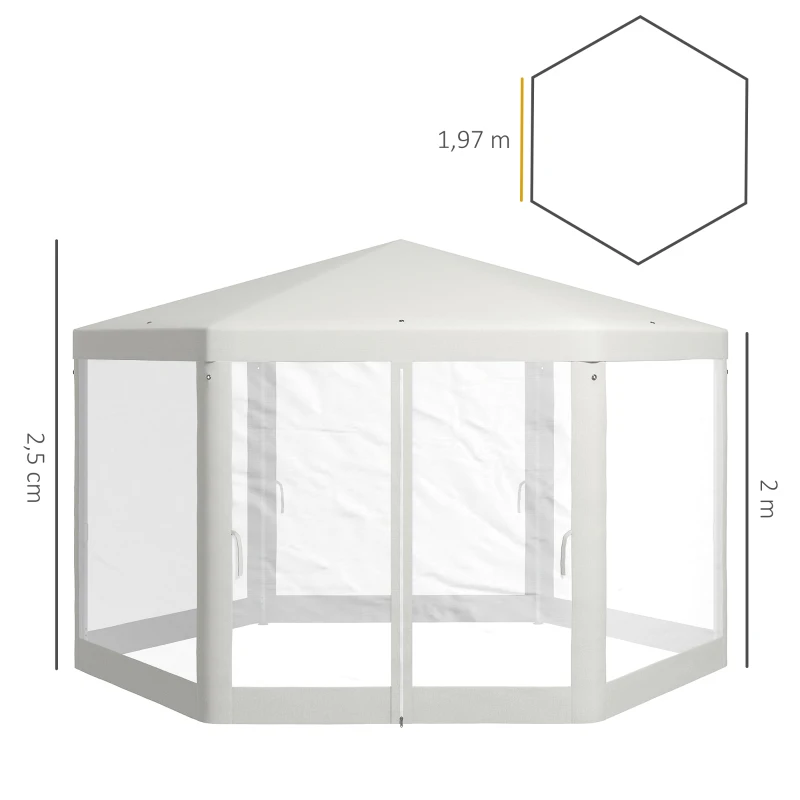 Outsunny Tuinpaviljoen, zeshoekig, met netgordijnen, metalen frame, 4x4x2,5m, Crème