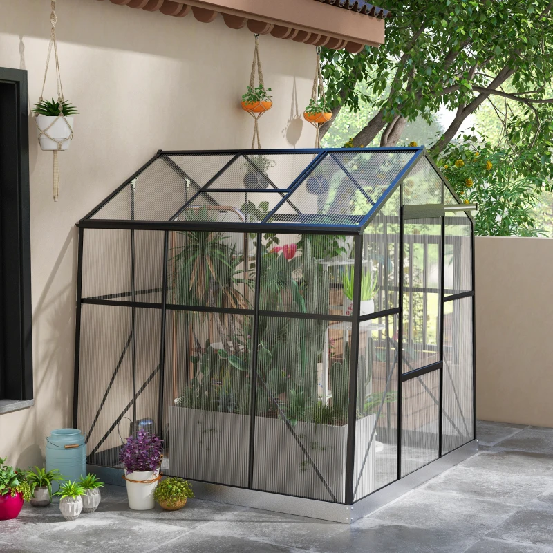 Outsunny Szklarnia Aluminiowa 192 x 192 x 204 cm 3,68 m² z Oknem, Drzwiami Przesuwnymi, Podstawą, Domkiem dla Pomidorów do Ogrodu, Balkonu, Kolor Czarny