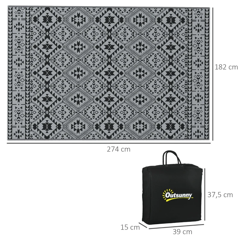 Outsunny Wendeteppich voor buiten, waterbestendig, geometrisch patroon, 182x274cm, Zwart/Grijs